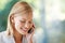 Smile, phone call and business woman listening, speaking and talking with mockup. Cellphone, communication and female
