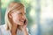 Smile, phone call and profile of business woman listening, speaking or talking with mockup. Cellphone, communication and