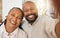 Smile, selfie and mature black couple in home with happiness and love in relationship together. Self portrait, happy