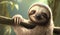 Smile sloth hanging from a tree in the forrest. High quality 3d render Illustration of Sloth