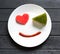 Smile for sweet breakfast with love. Different emotions. People face. Sad or happy. Tasty food