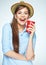Smile with teeth. Beautiful happy woman posing with coffee cup.