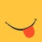 Smile with tongue on yellow background. Cute emotion in cartoon style. Good mood, happiness doodle