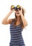 Smile, travel and woman with binoculars to spy on vacation, holiday or adventure. Vision, glass and person with