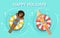 Smile woman, girl swims, tanning on air mattress in swimming pool. People floating on toy with ball isolated on water background.