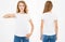 Smile woman pointed on white tshirt. Set collage front back views girl in stylish t-shirt,copy space