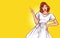 Smile Woman Pointing Finger On Yellow Background Retro style