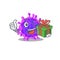 Smiley alpha coronavirus cartoon character having a gift box