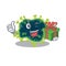 Smiley beta coronavirus cartoon character having a gift box