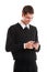 Smiley businessman man typing text message