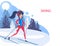 Smiley character quickly in the winter skiing down the mountain. Winter sports and entertainment. Young skier in a