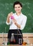 Smiley chemistry teacher hands an Erlenmeyer flask