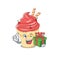 Smiley cherry ice cream cartoon character having a gift box