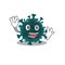 Smiley coronavirus COVID 19 cartoon mascot design with waving hand