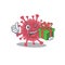 Smiley coronavirus disease cartoon character having a gift box