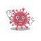 Smiley coronavirus disease cartoon mascot design with waving hand