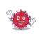 Smiley coronavirus particle cartoon mascot design with waving hand