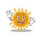 Smiley coronaviruses cartoon mascot design with waving hand