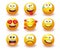 Smiley emoji vector set. Smileys 3d yellow icon in angry, laughing and crying facial expressions isolated in white background.