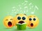 Smiley emojis singing choir vector design. Emoji with yellow funny faces holding song book singing.