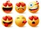 Smiley emoticon and emoji with heart vector faces set. Smileys emoticons of red heart with in love, broken, kissing, surprise.