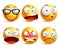 Smiley face or emoticons vector set in yellow with facial expressions