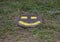 Smiley face painted in yellow paint on a metal manhole cover