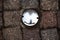 Smiley face round metal detail on the tiled ground