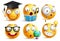 Smiley face student vector emoticons set with facial expressions