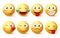 Smiley face vector set. Smileys yellow emoji with happy, funny, kissing, laughing and tired facial expressions