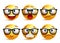 Smiley face vector set of yellow nerd emoticons with eyeglasses