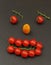 Smiley face with a watchful expression. Laying out parts of a human face with vegetables, namely tomatoes and tomato branches