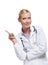 Smiley female physician makes a pointing gesture