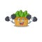 Smiley Fitness exercise avocado fruit basket cartoon character raising barbells