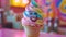 Smiley ice cream cone with a pastel palette in a vibrant setting.