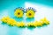 Smiley made up of funny carnival sunglasses and yellow flowers