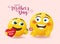 Smiley mother`s day greeting vector design. Happy mothers day text with emoticon child giving flower gift for mom`s day emoji.