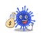 Smiley rich bacteria coronavirus cartoon character bring money bags