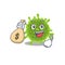 Smiley rich coronavirus cartoon character bring money bags