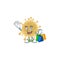 Smiley rich coronavirus particle mascot design with Shopping bag