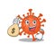 Smiley rich deadly corona virus cartoon character bring money bags