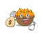 Smiley rich orange fruit basket cartoon character bring money bags