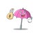 Smiley rich pink umbrella cartoon character bring money bags
