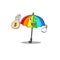 Smiley rich rainbow umbrella cartoon character bring money bags