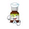 Smiley sailor cartoon character of antibiotic bottle wearing white hat and tie