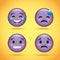 Smiley set purple face with emotions facial expression funny cartoon character