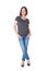 Smiley slim girl in the t-shirt and jeans