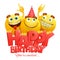 Smiley yellow faces emoji characters. Happy birthday card