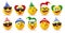 Smileys birthday character vector set. Smiley party emojis wearing birth day hats in cute and funny faces for emoji celebration.