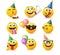 Smileys birthday vector set. Smiley emojis in party celebrating characters with gift, cake, confetti and party hats celebration.